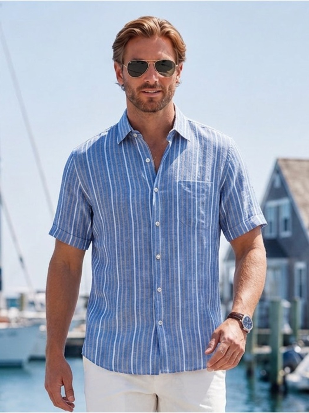 🌴 VTG Puro Lino Made in Italy 100% Linen Blue Striped Button-Up Shirt Men’s L